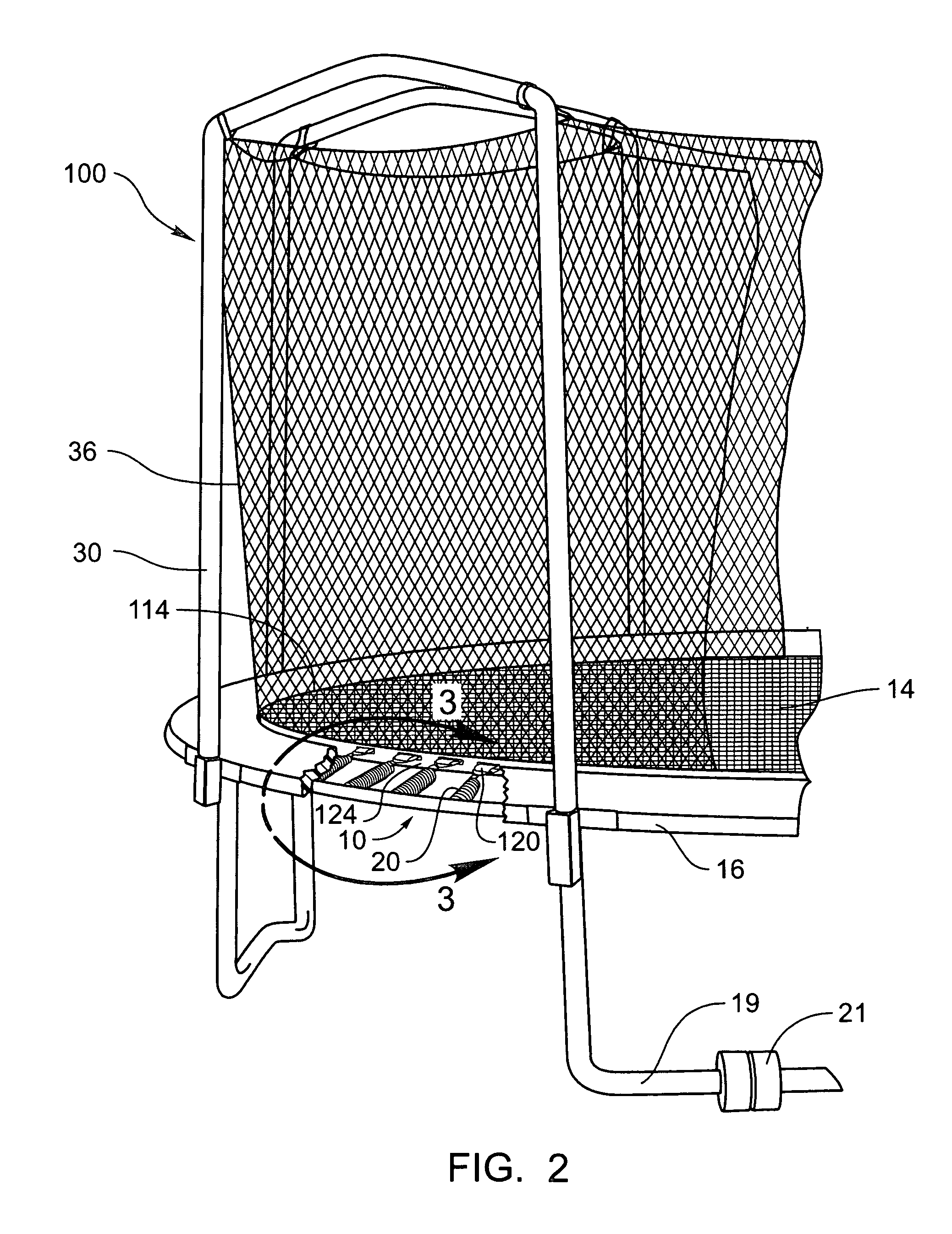 Trampoline enclosure attachment to trampoline mat