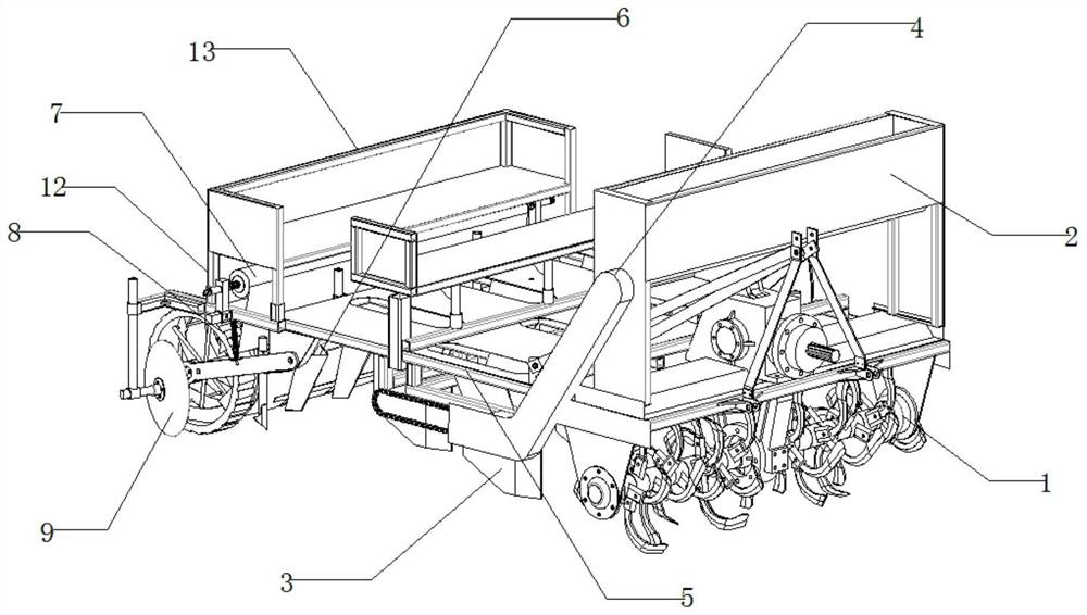 Rotary tillage oblique movement type six-row codonopsis pilosula film mulching and fertilizing planter