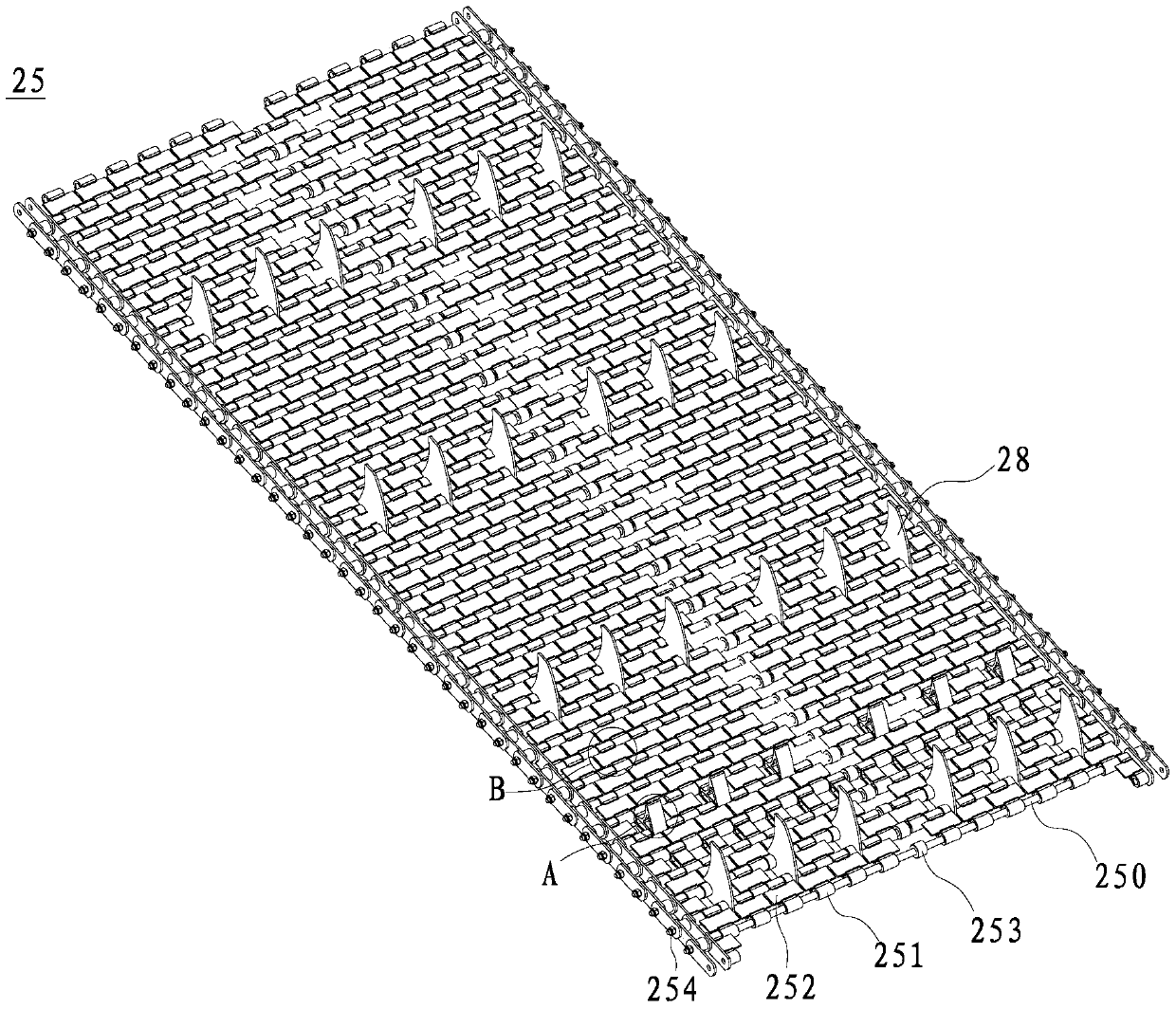 Conveying device suitable for collecting floating objects and water plants and front cabin collecting system