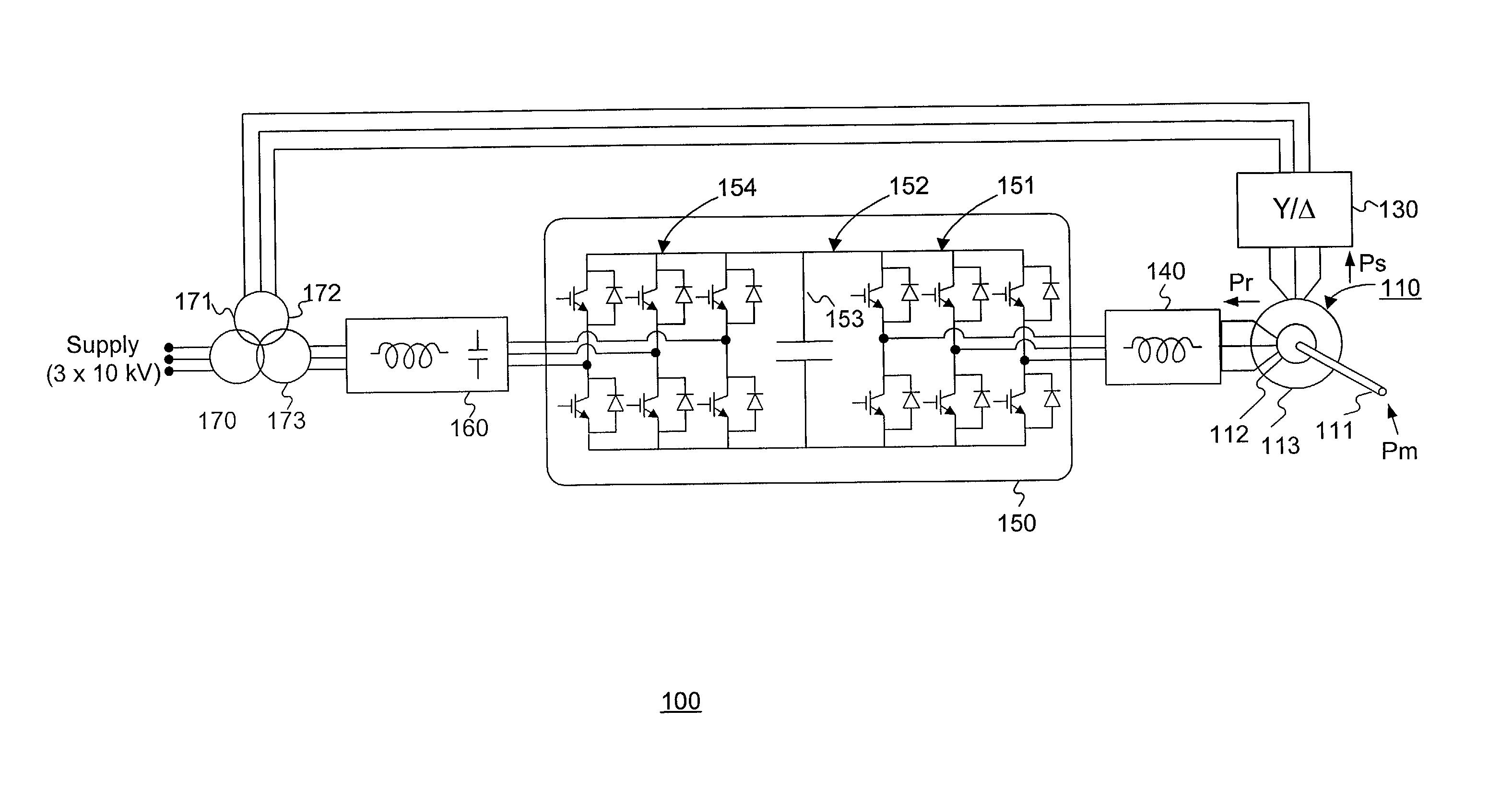 Variable speed wind turbine having a matrix converter