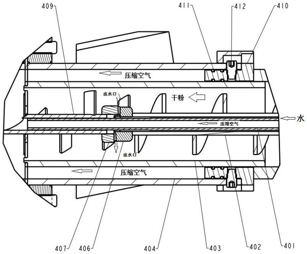 A concrete spraying device for material mixing, extrusion and spraying at the same time