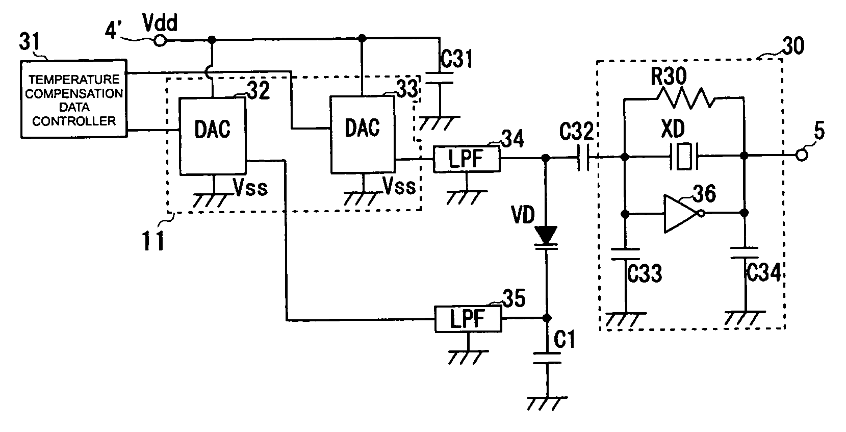 Temperature compensated piezoelectric oscillator and electronic apparatus comprising it