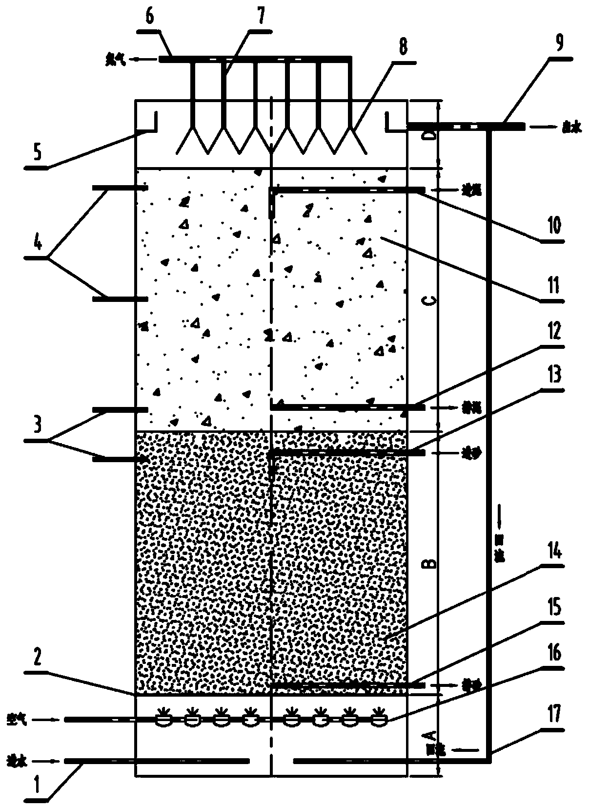 Integrated biological synchronous denitrification and decalcification device for wastewater and method thereof