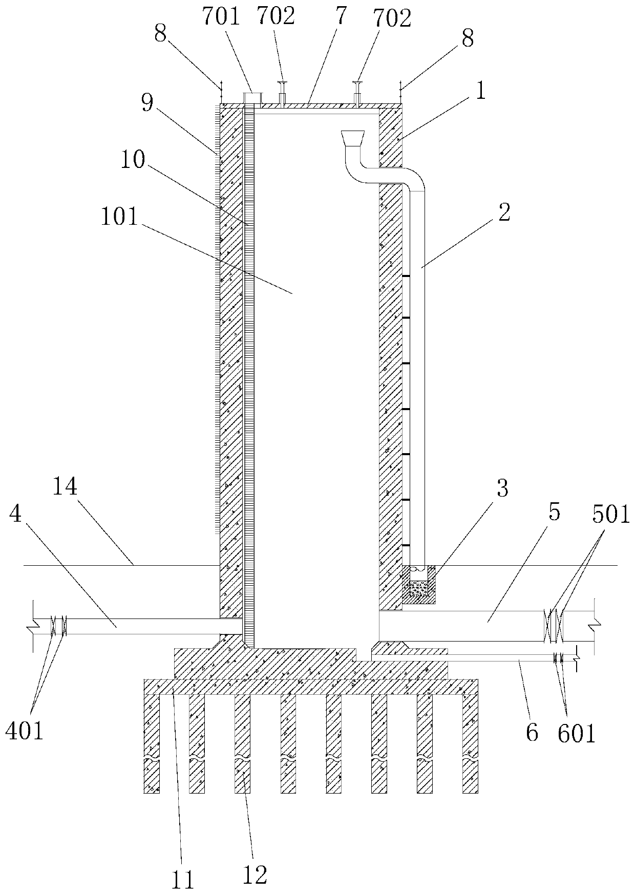 High-level pool, water supply main pipeline and water receiving pipe network connecting structure and construction method