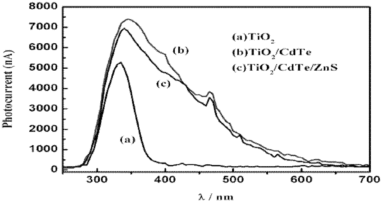 Preparation method of zinc sulfide (ZnS)/cadmium telluride (CdTe) quantum dot sensitization titanium dioxide (TiO2) nano film