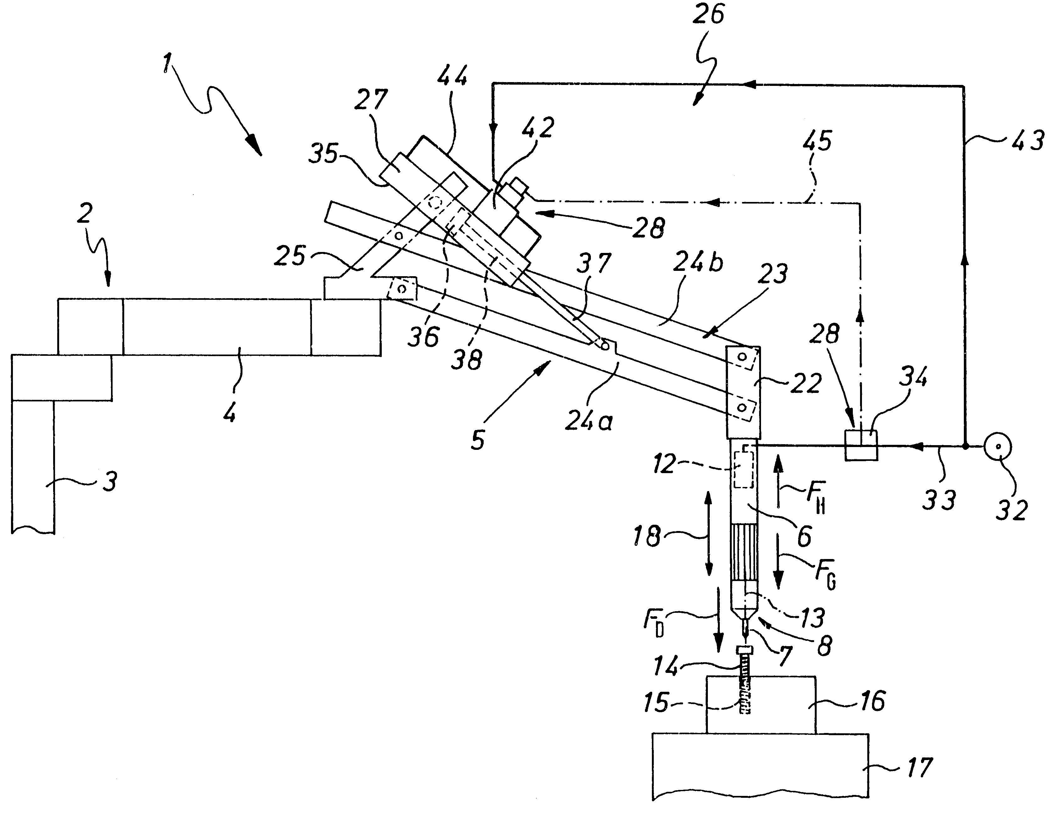 Device for the control of the thrust force of a manually operated pneumatic screw driver