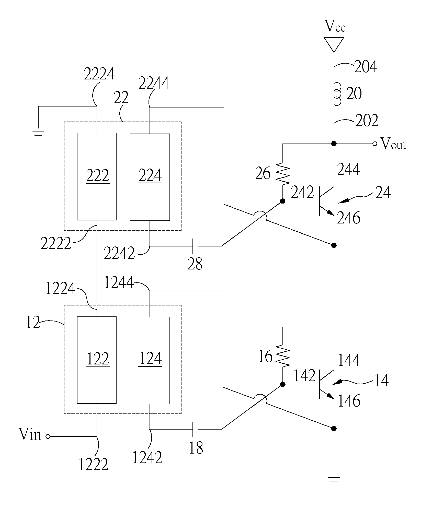 Power amplifier having input ends combined in series and output ends combined in series