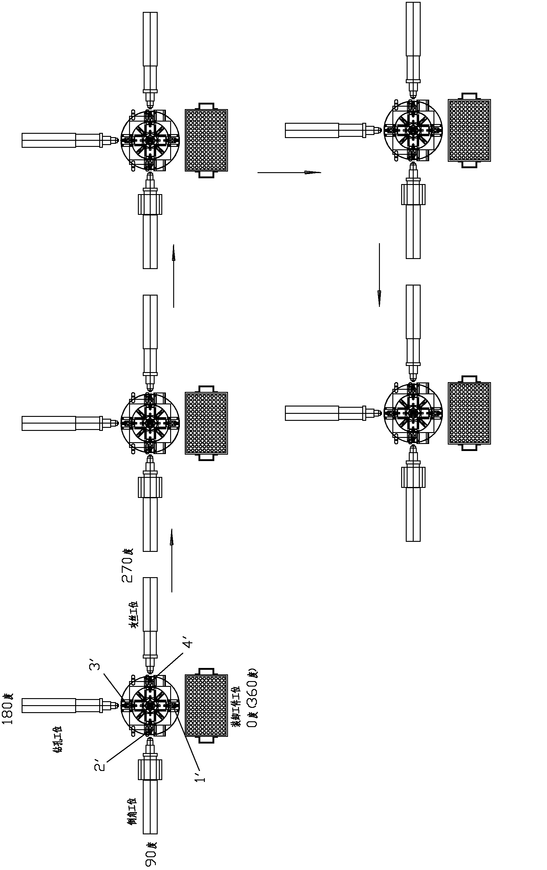 Special four-station machine tool for jackscrew holes of worms