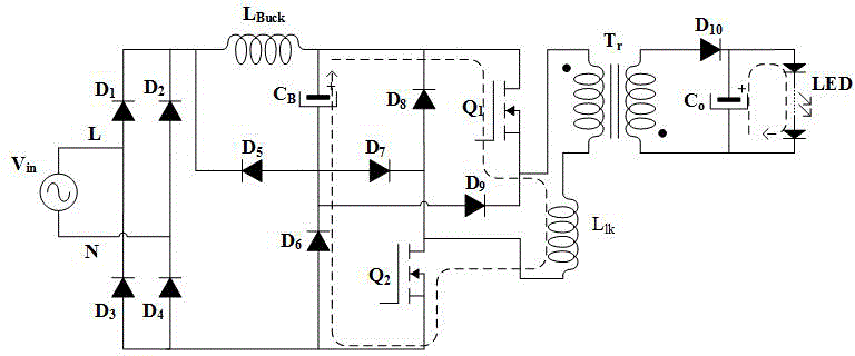 Single-level step-down LED driving circuit of leakage energy feedback