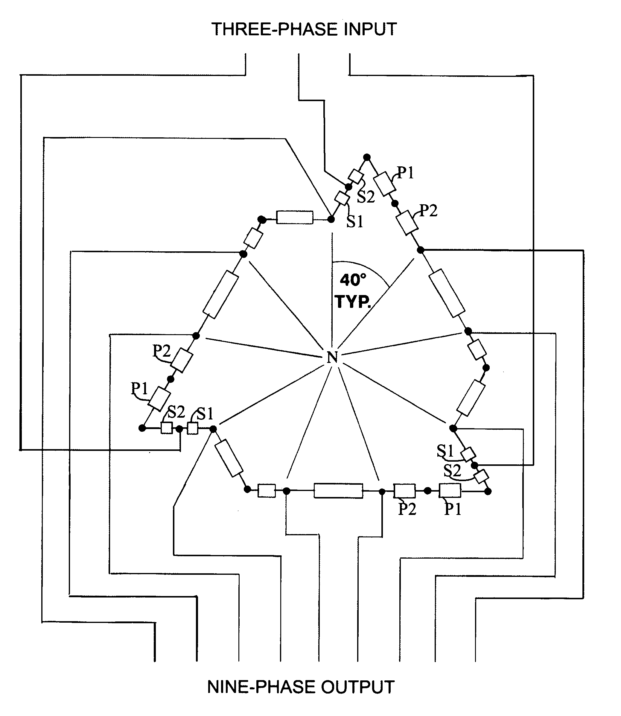 Nine-phase step-up/step-down autotransformer