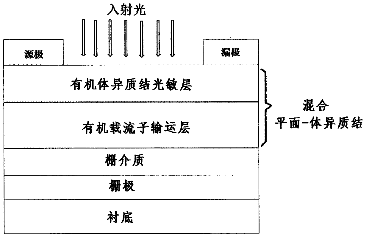 Mixed plane-bulk heterojunction photosensitive organic field effect transistor