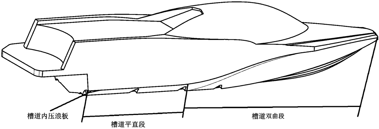 Three-hull planing boat provided with groove channel wave suppression plate