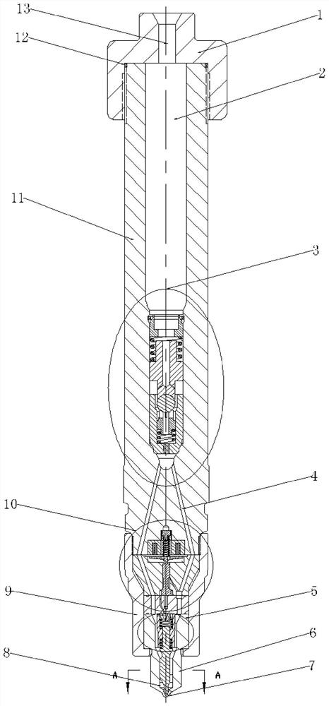 Dual-channel oil inlet resonance bypass electronically controlled injector