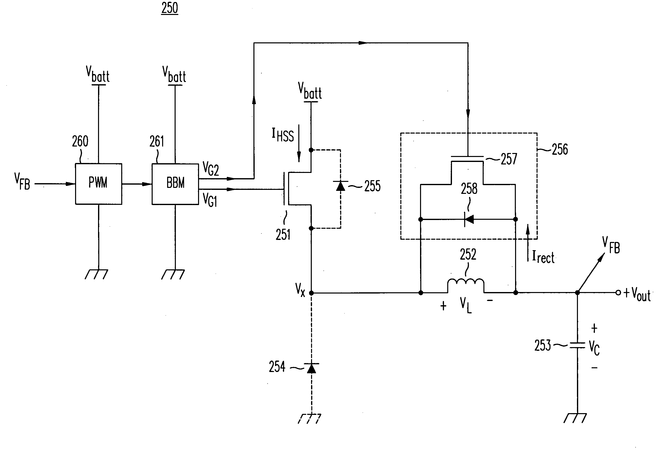 Step-down switching regulator with freewheeling diode