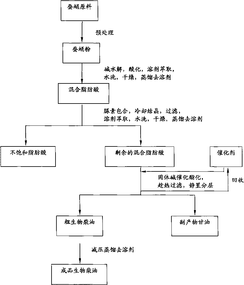 Method for preparing biodiesel by taking pupal oil as production raw material