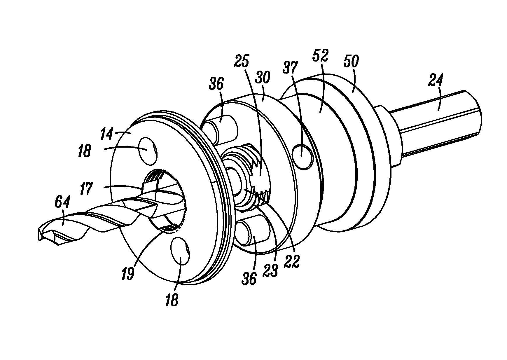 Quick change arbor, hole cutter, and method