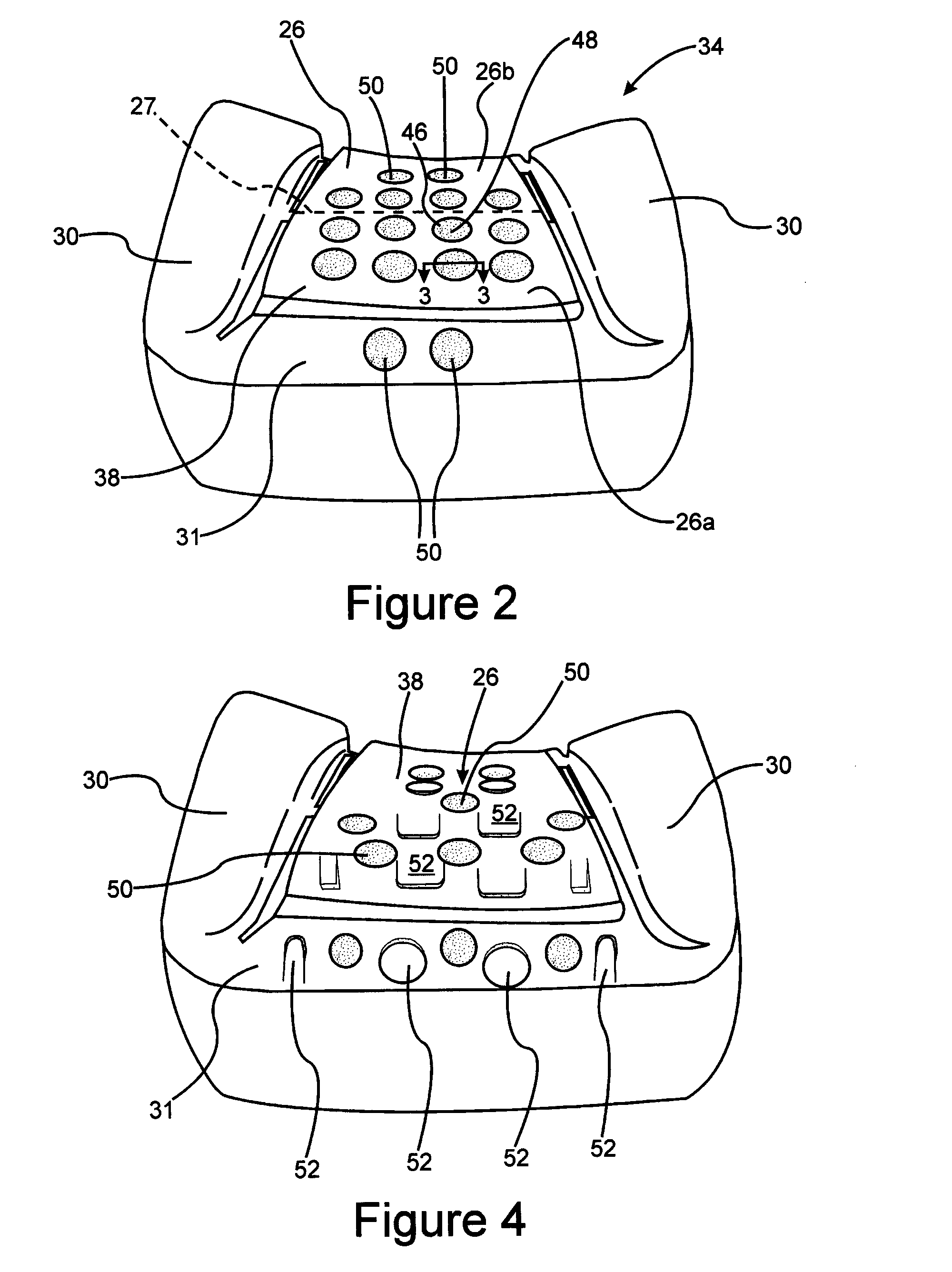 Vehicle seat assembly having a hardness gradient via "A" surface intrusions and/or protrusions