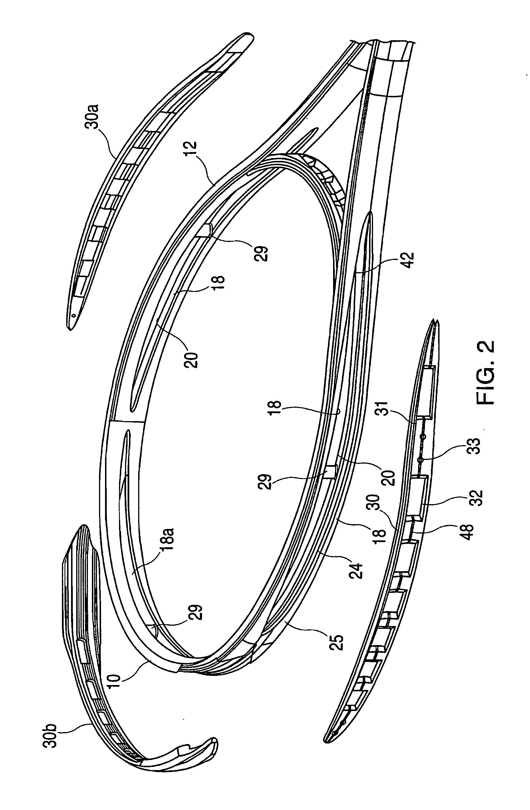 Sports racquet with insert members for anchoring strings