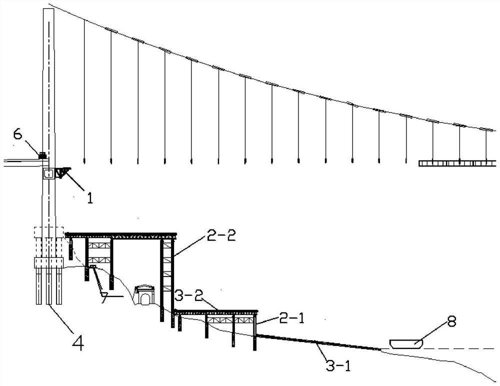 Suspension bridge high-low displacement beam trestle hoisting steel beam facility and construction method thereof