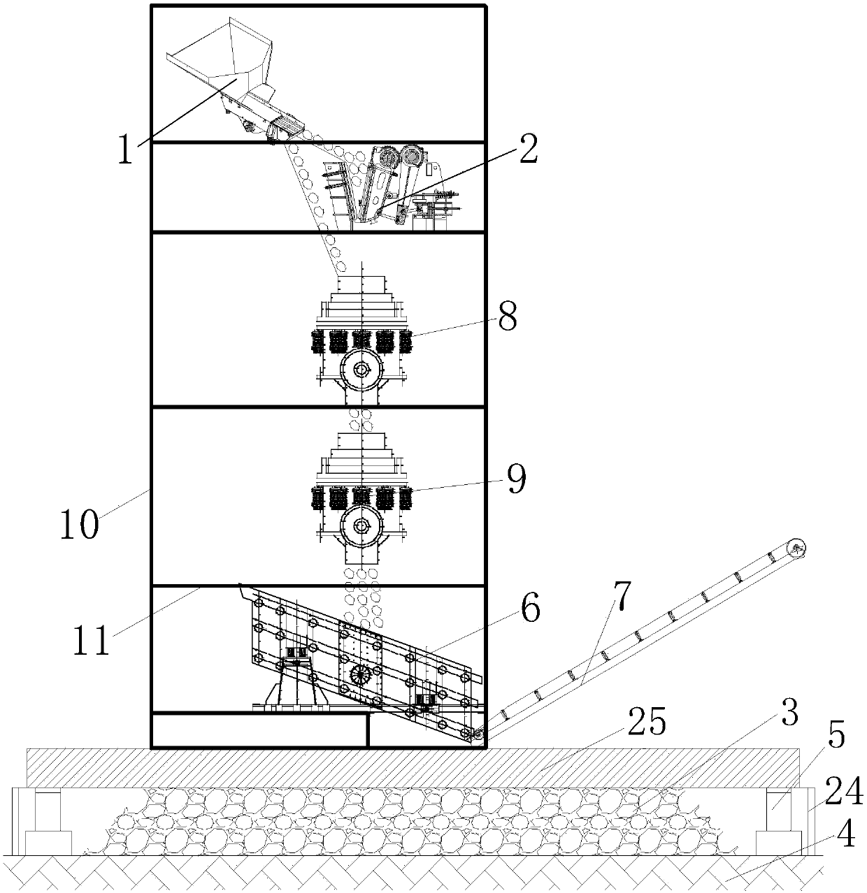 Suspension type crushing single tower