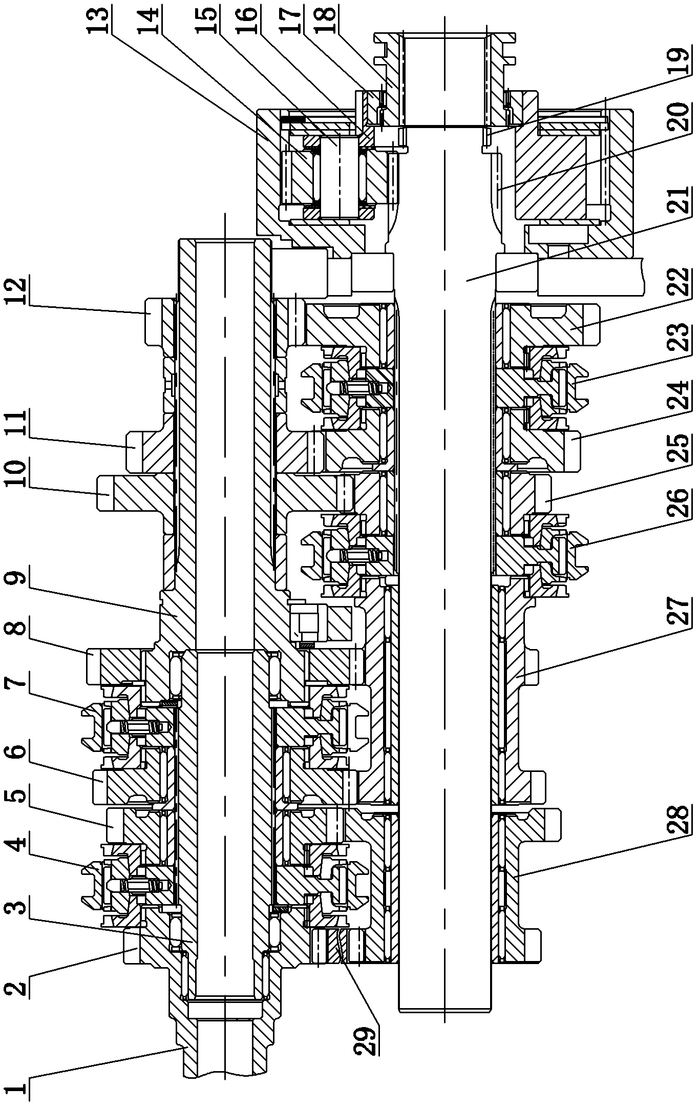 Tractor speed change device with 16+16 gears