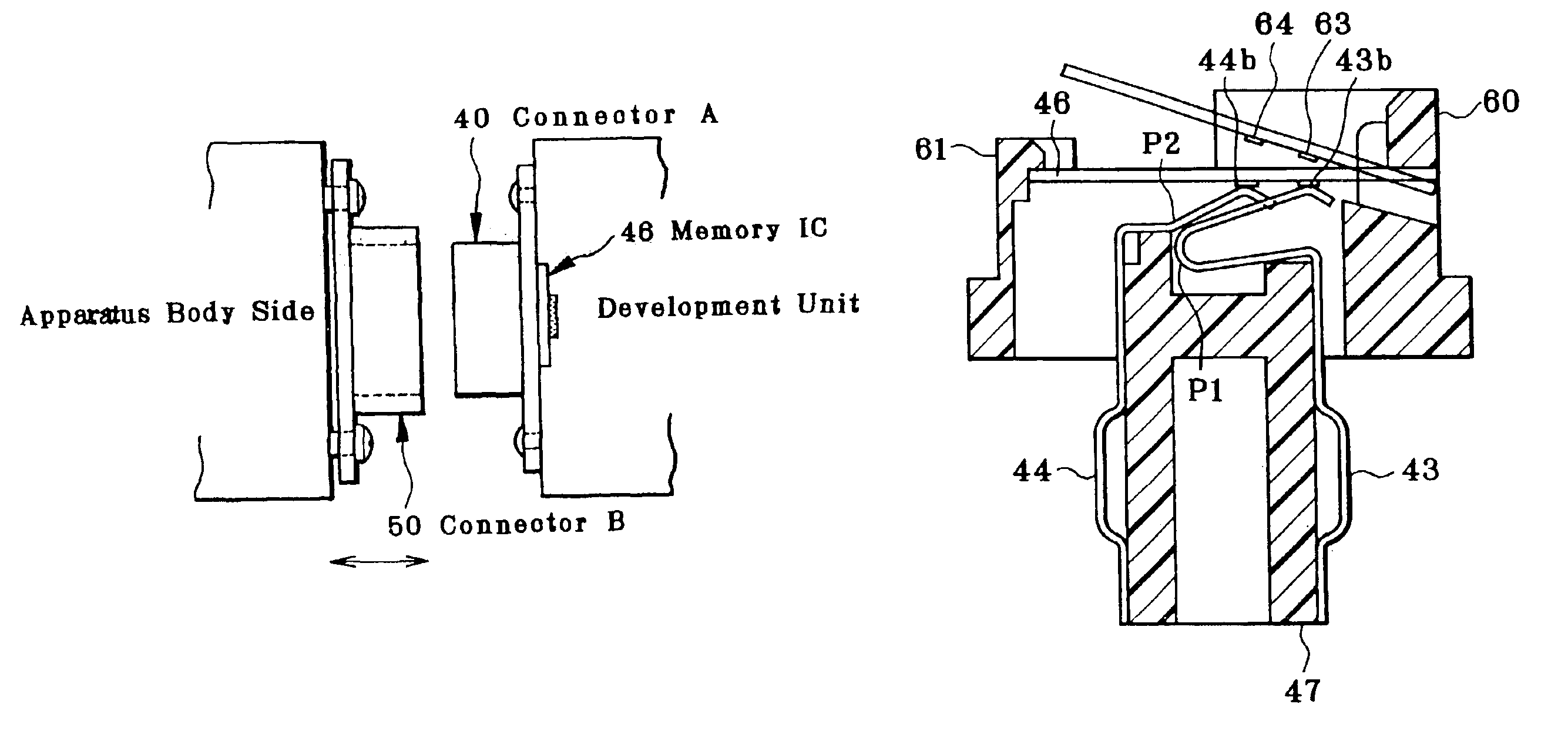 Connector having a built-in memory IC mounted on a development cartridge