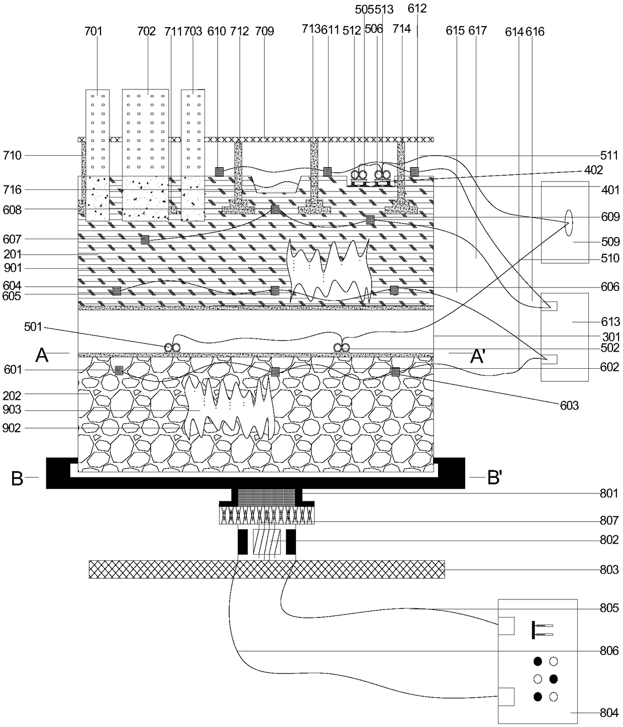 Model test device for simulating long-term land subsidence in highly-dense area under complex vibration environment