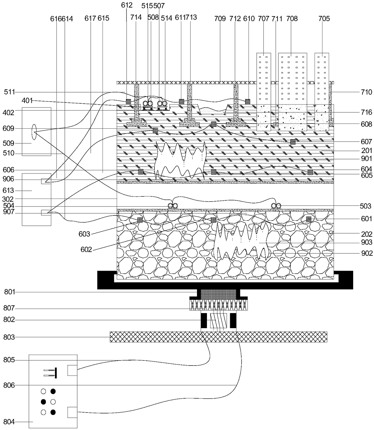 Model test device for simulating long-term land subsidence in highly-dense area under complex vibration environment