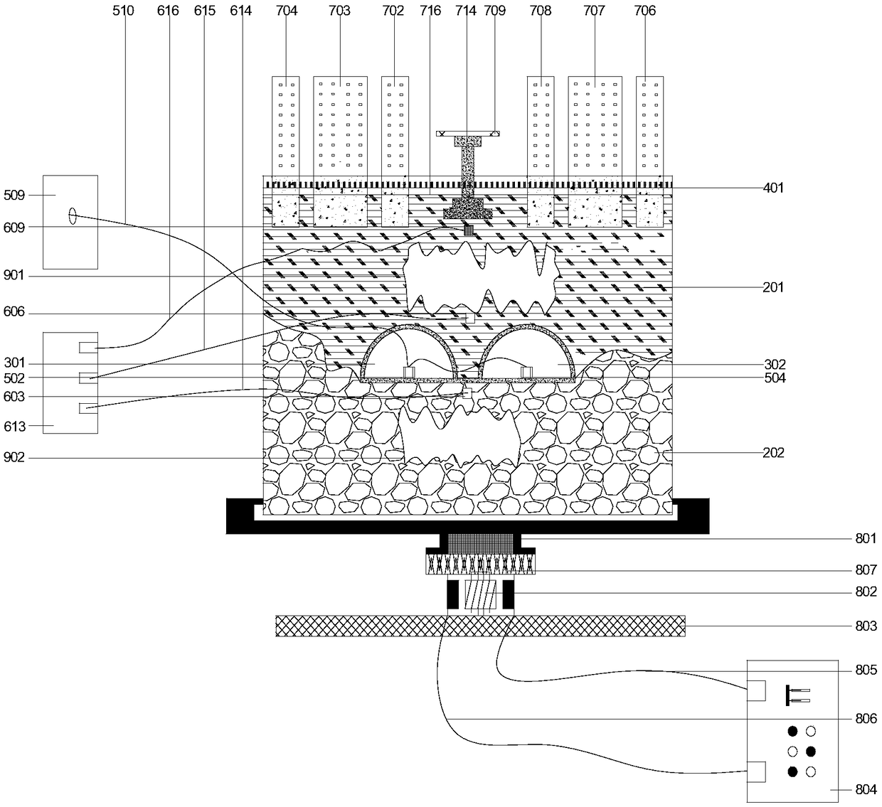 Model test device for simulating long-term land subsidence in highly-dense area under complex vibration environment