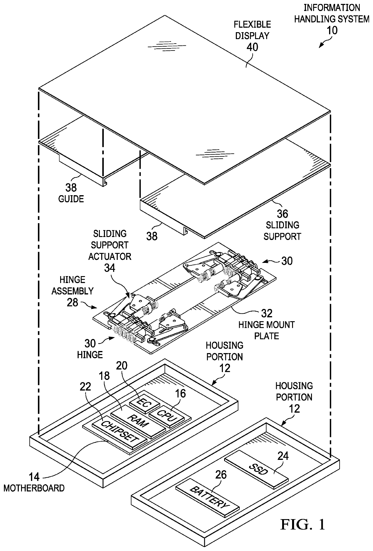 Multi-axis hinge translation to adjust housing position relative to flexible display position