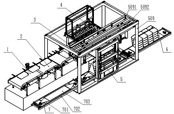 Automatic production line for goods stacking and packaging