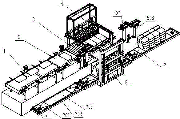 Automatic production line for goods stacking and packaging