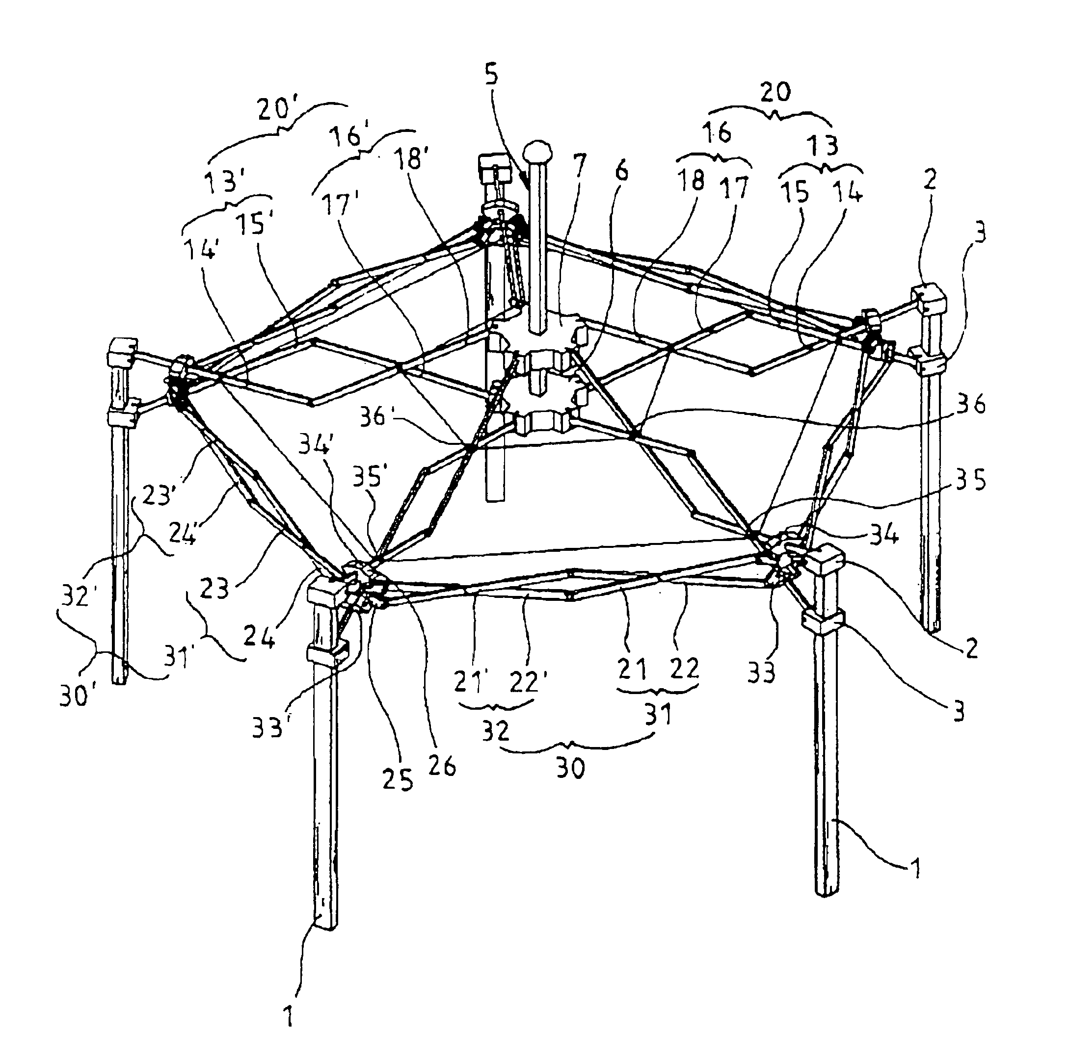 Collapsible canopy framework structure of a regular polygon