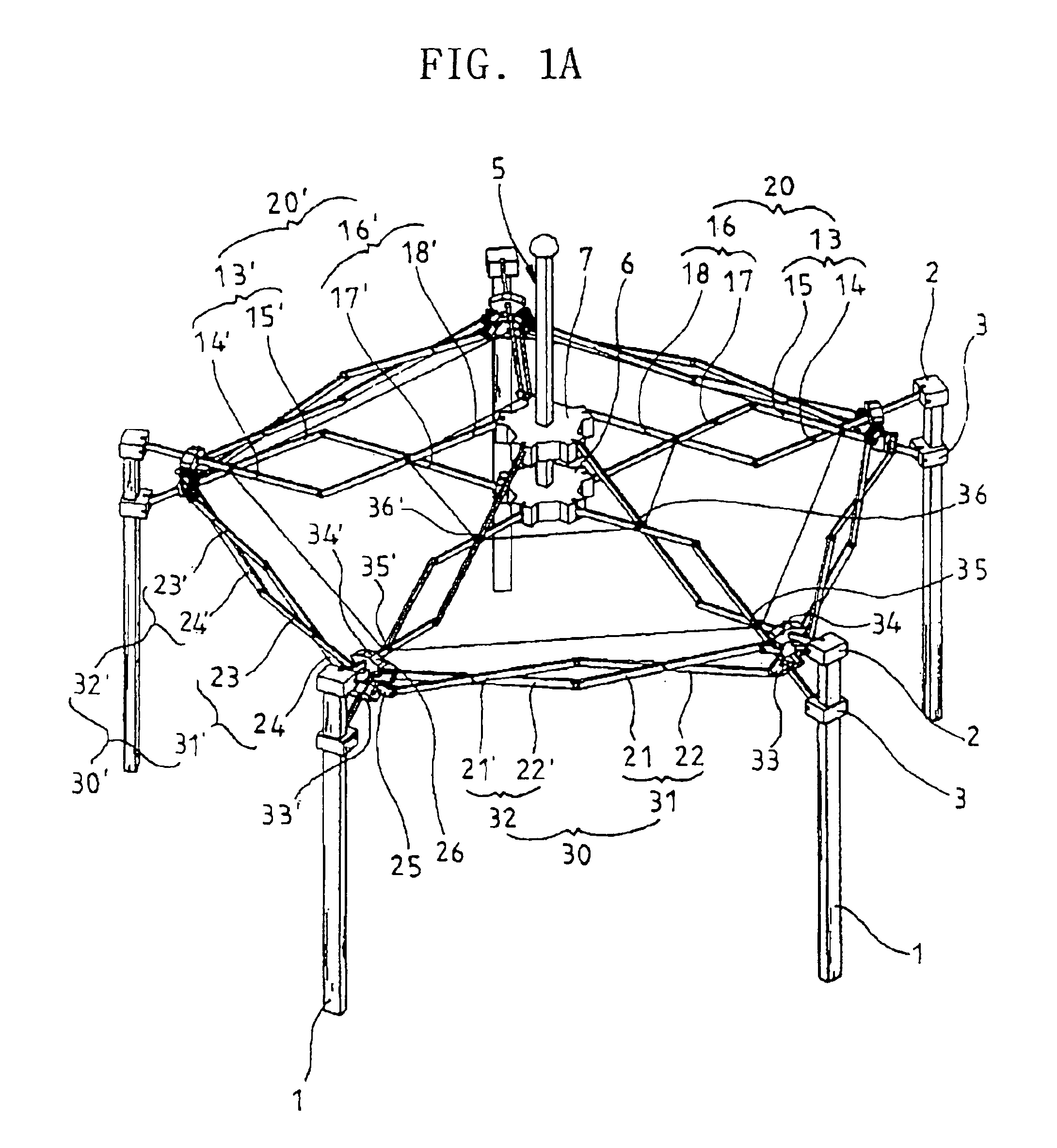 Collapsible canopy framework structure of a regular polygon