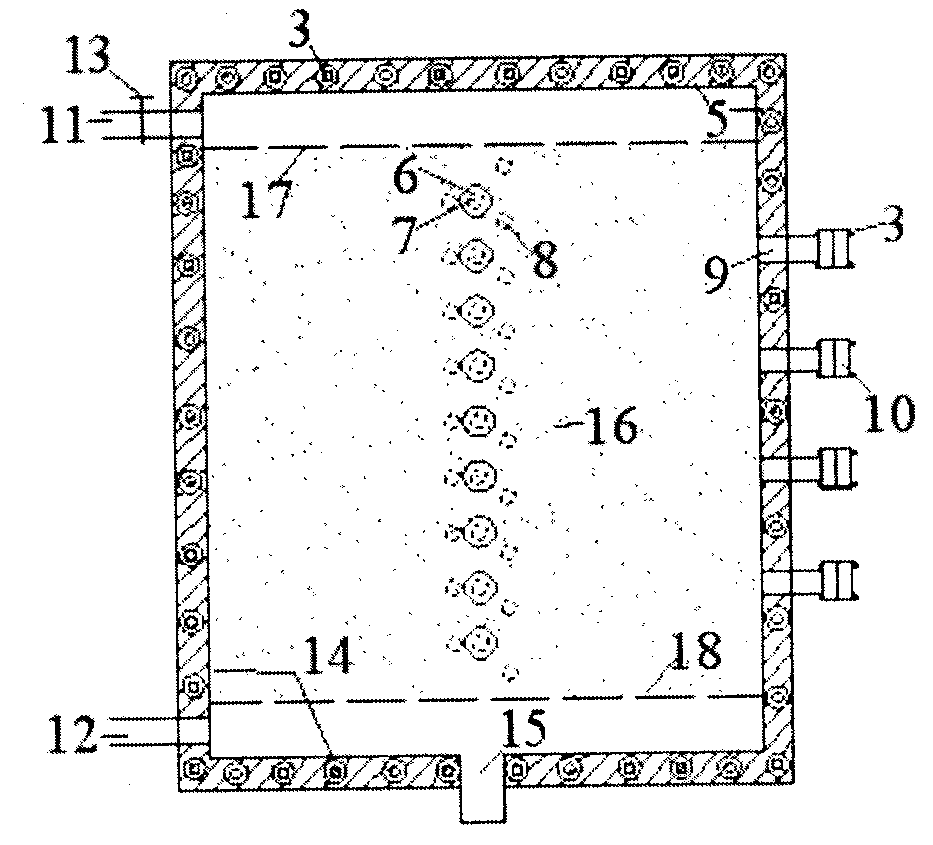 Damage development mdel experimental device for process of embankment project piping-typed soils