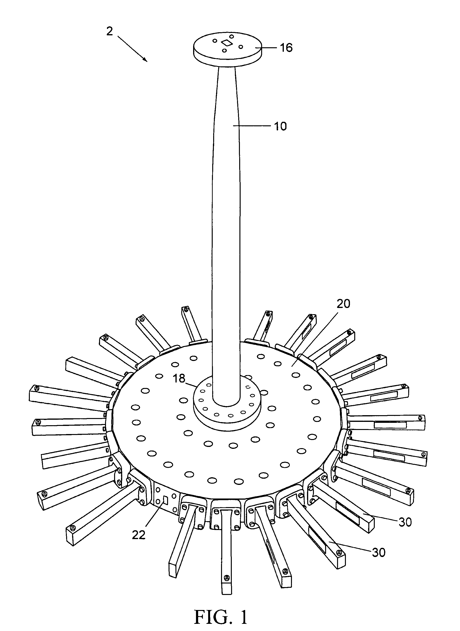 Wideband radial power combiner/divider fed by a mode transducer