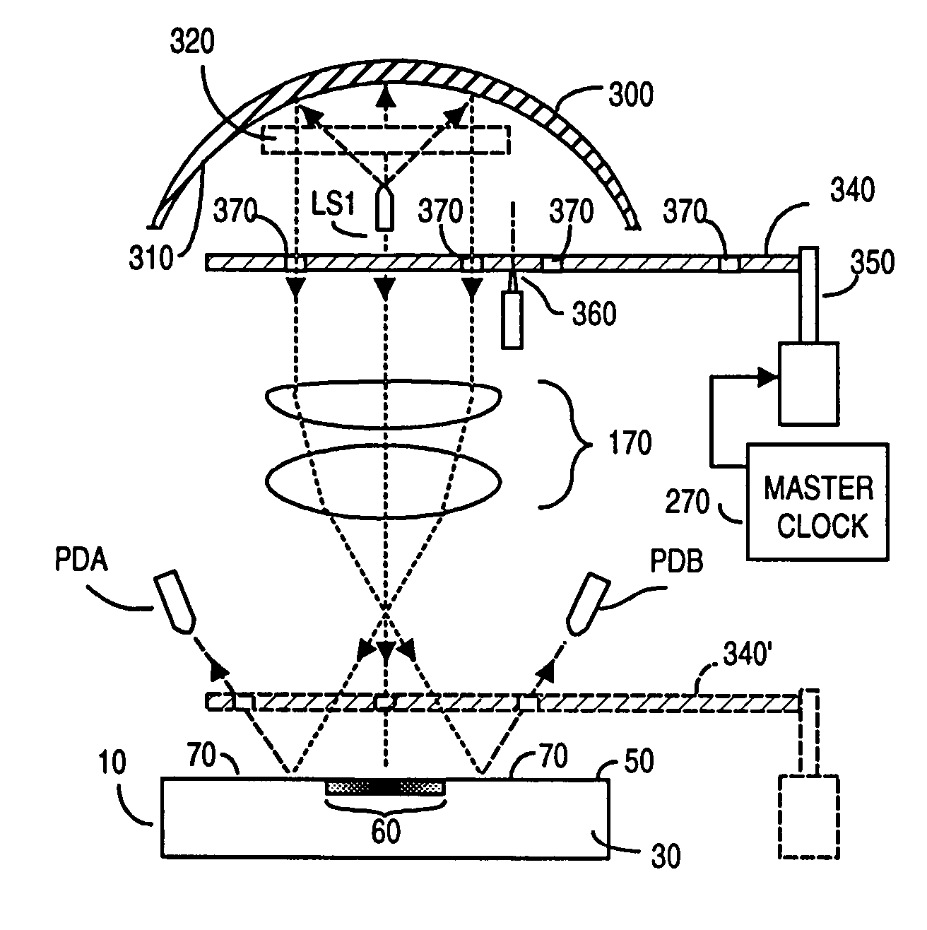 Reflectometry system with compensation for specimen holder topography and with lock-rejection of system noise