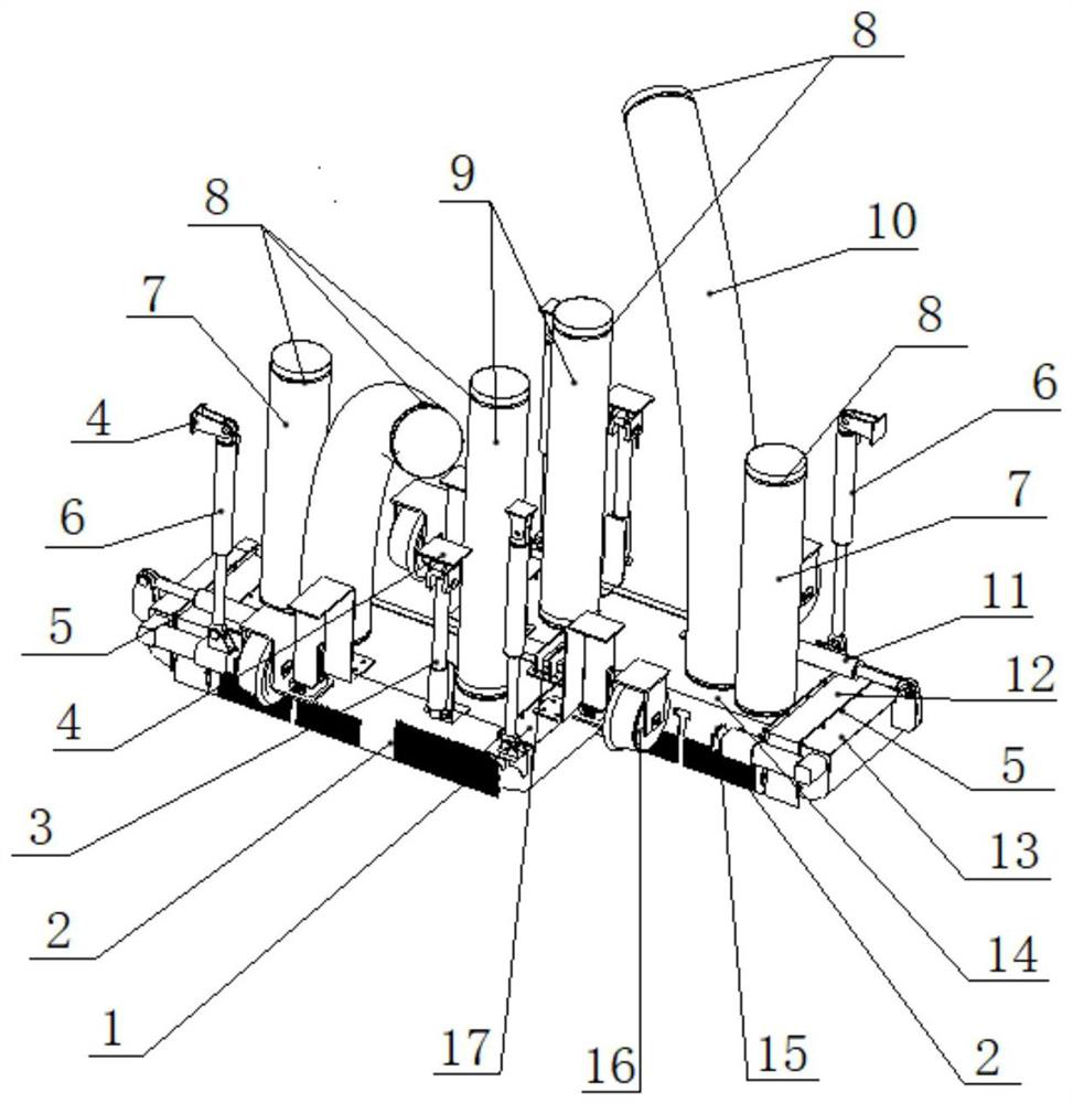 Telescopic railway ballast bed fine material blowing, sucking and collecting device