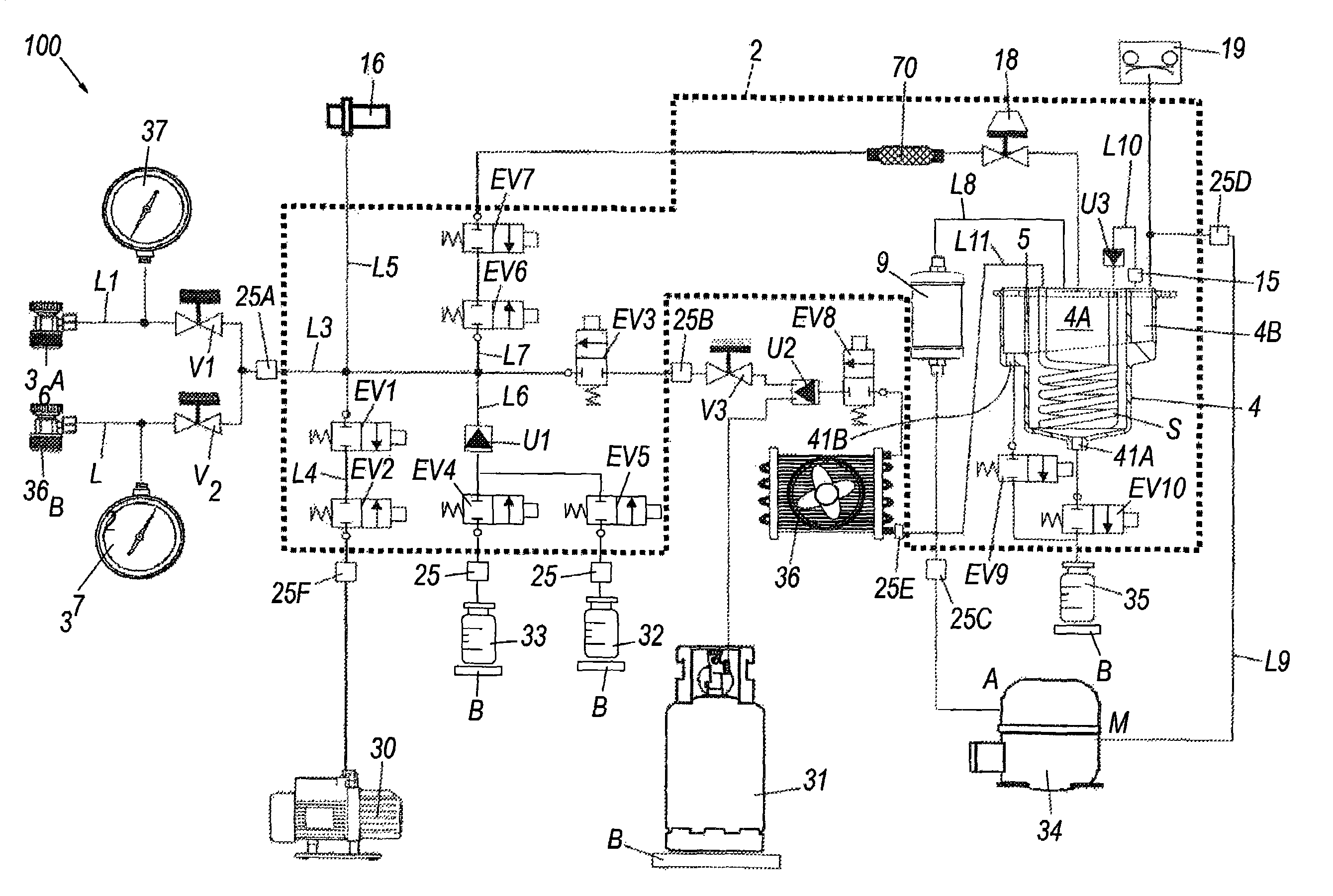 Refrigerant accumulation and oil recovery device for refrigerant fluid recovery/regeneration/recharging systems