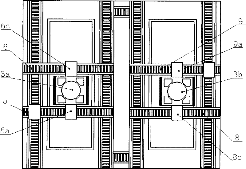 Double-rail double-drive-based three-beat double-workpiece bench exchange apparatus and method thereof