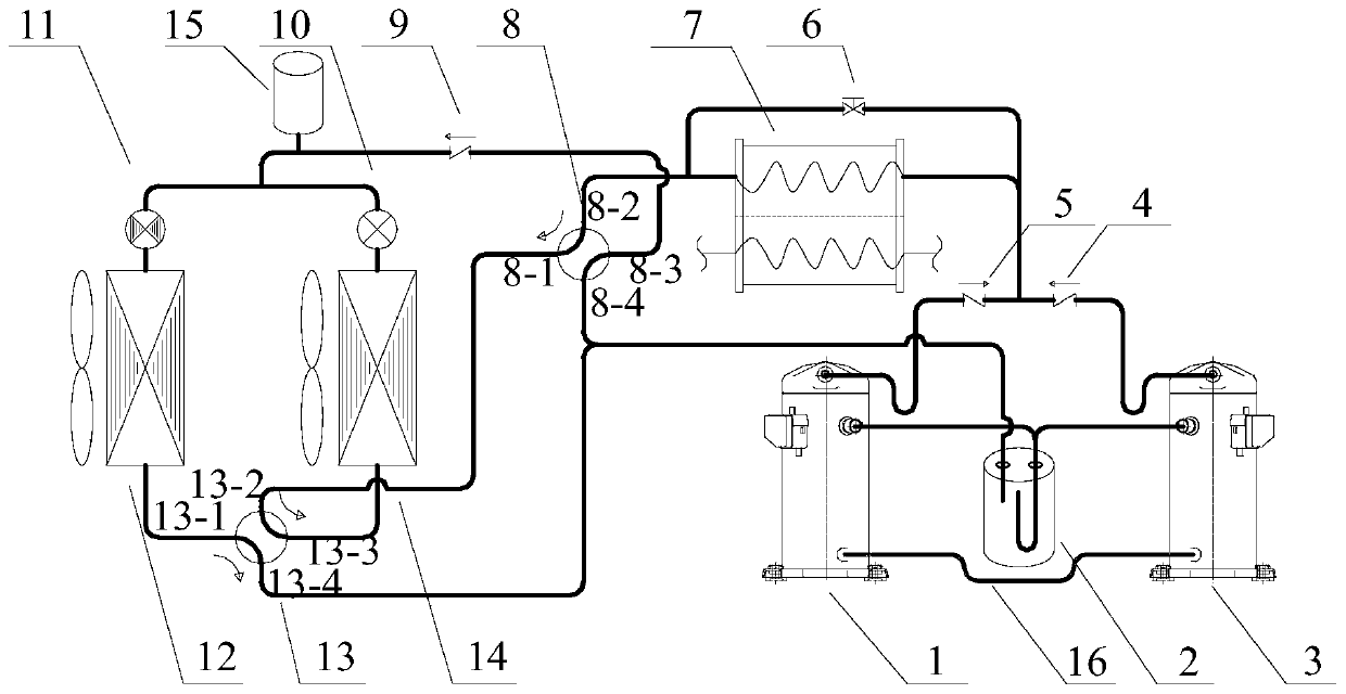 A continuous heating air source heat pump hot water unit