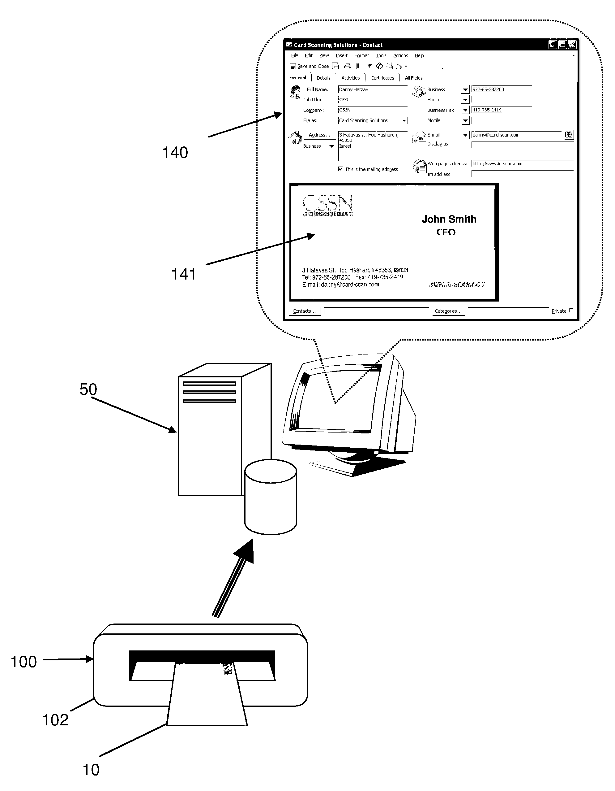 System and method for scanning a business card from within ms outlook directly into the ms outlook contact file