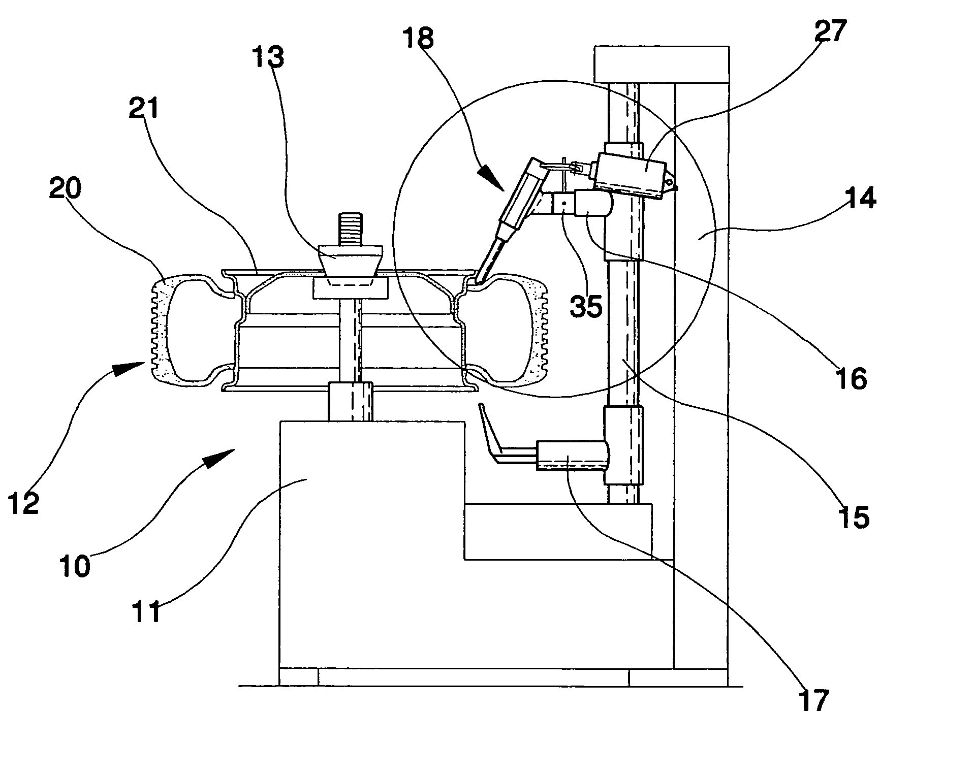 Device for mounting and dismounting tires of wheels positioned on a wheel support of a tire changing machine