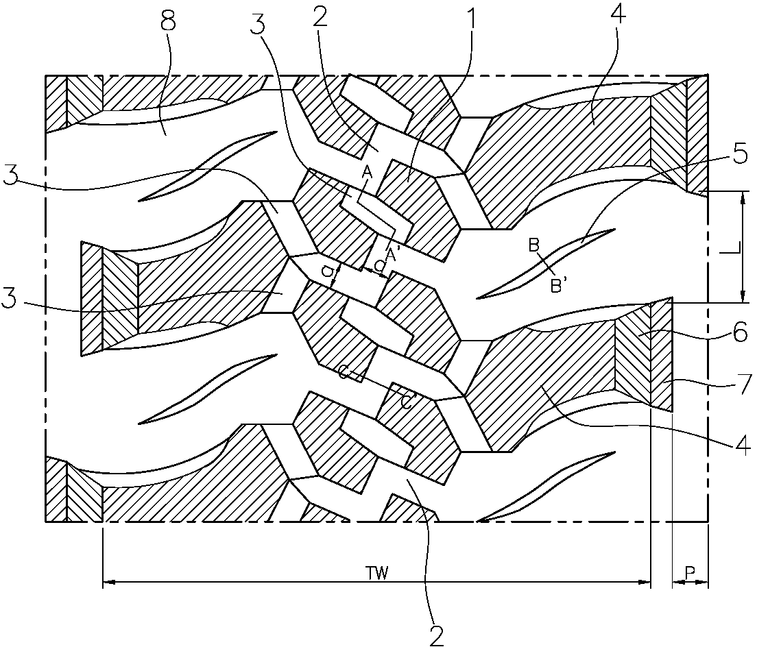 Cross-country tire tread pattern structure