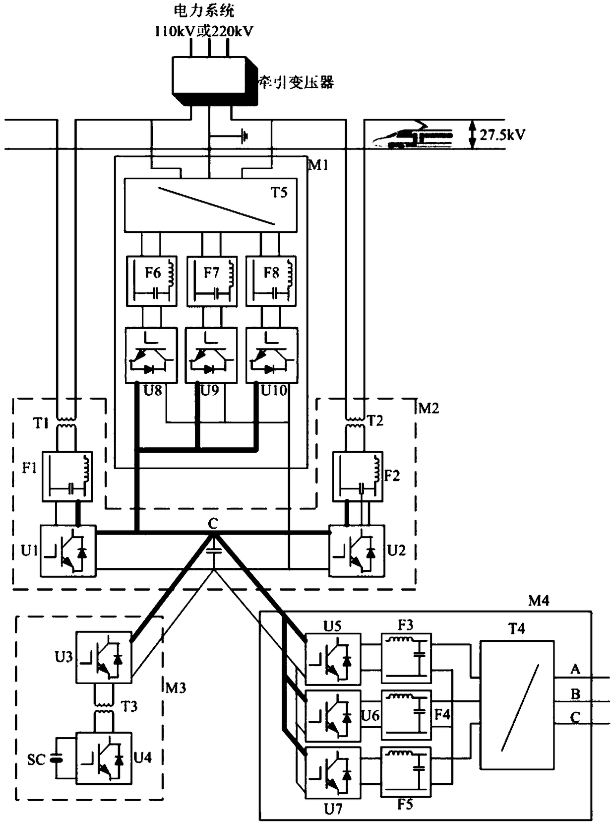 Railway through-line power supply with both traction voltage compensation and railway electric power supply