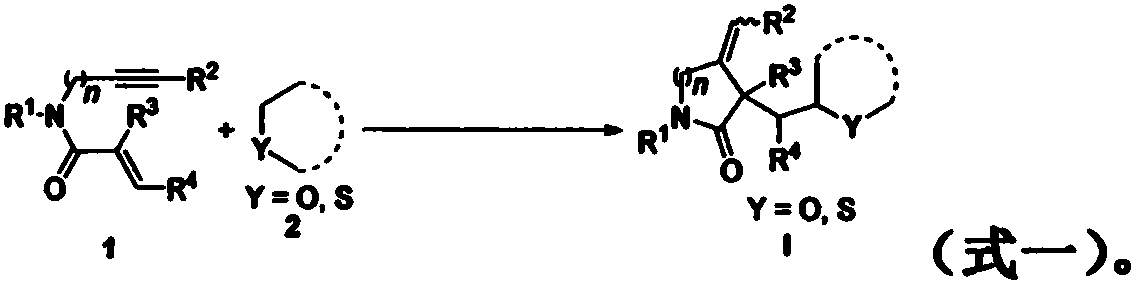 Free radical cyclization reaction method of 1,6-eneyne compound and ether compound