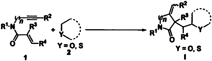 Free radical cyclization reaction method of 1,6-eneyne compound and ether compound