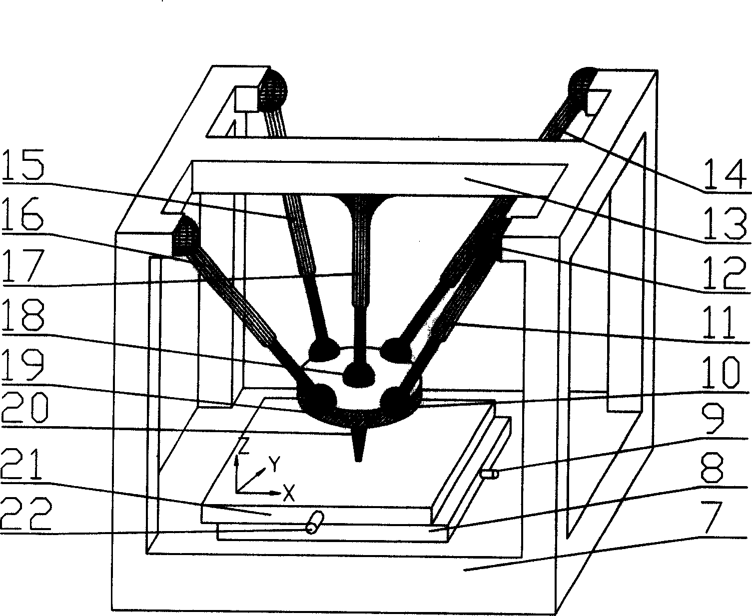 One-dimensional moving three-dimensional rotating parallel machine tool