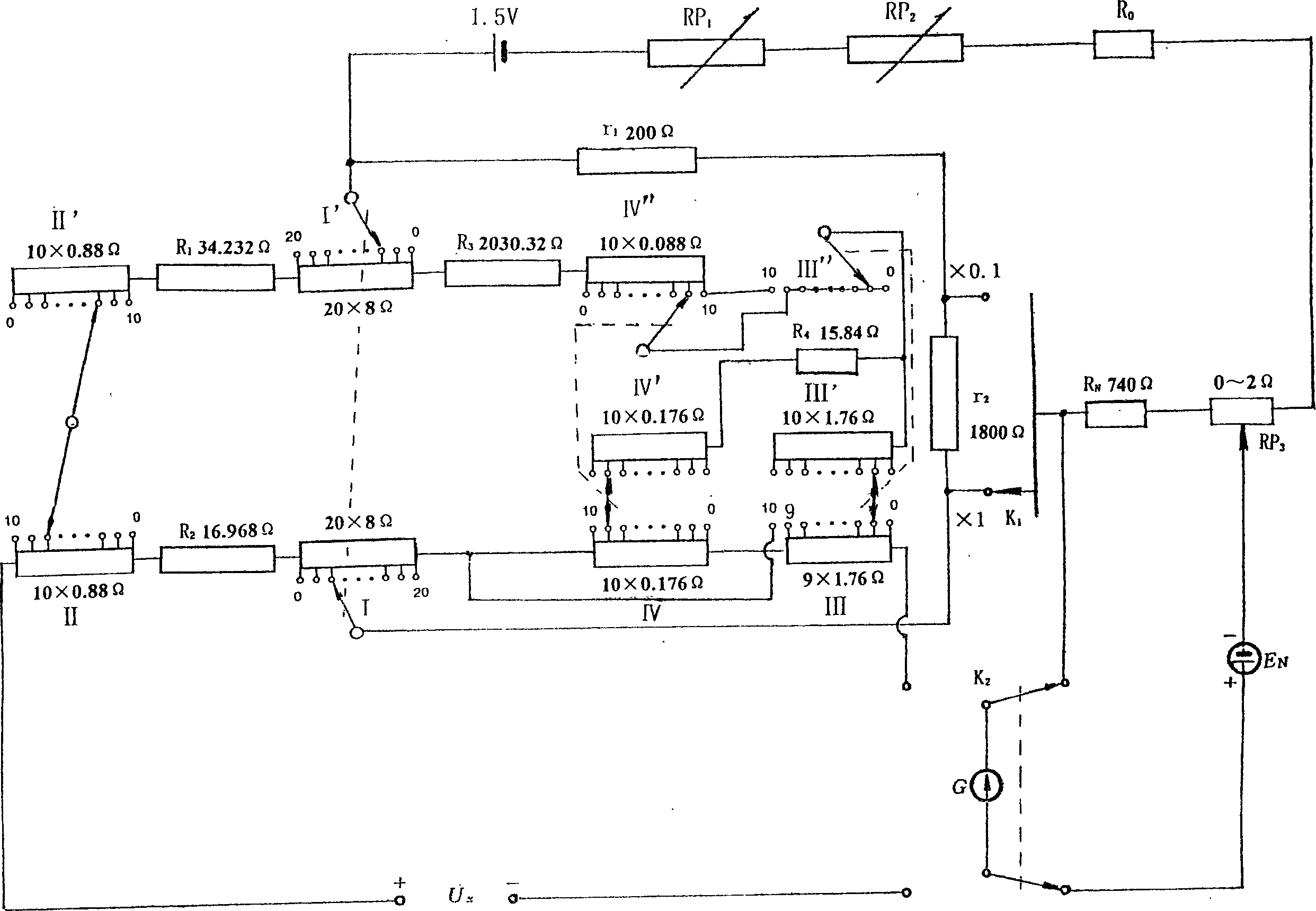 Potential difference meter having four mensuring discs using conversion branch bimeasuring range conversion