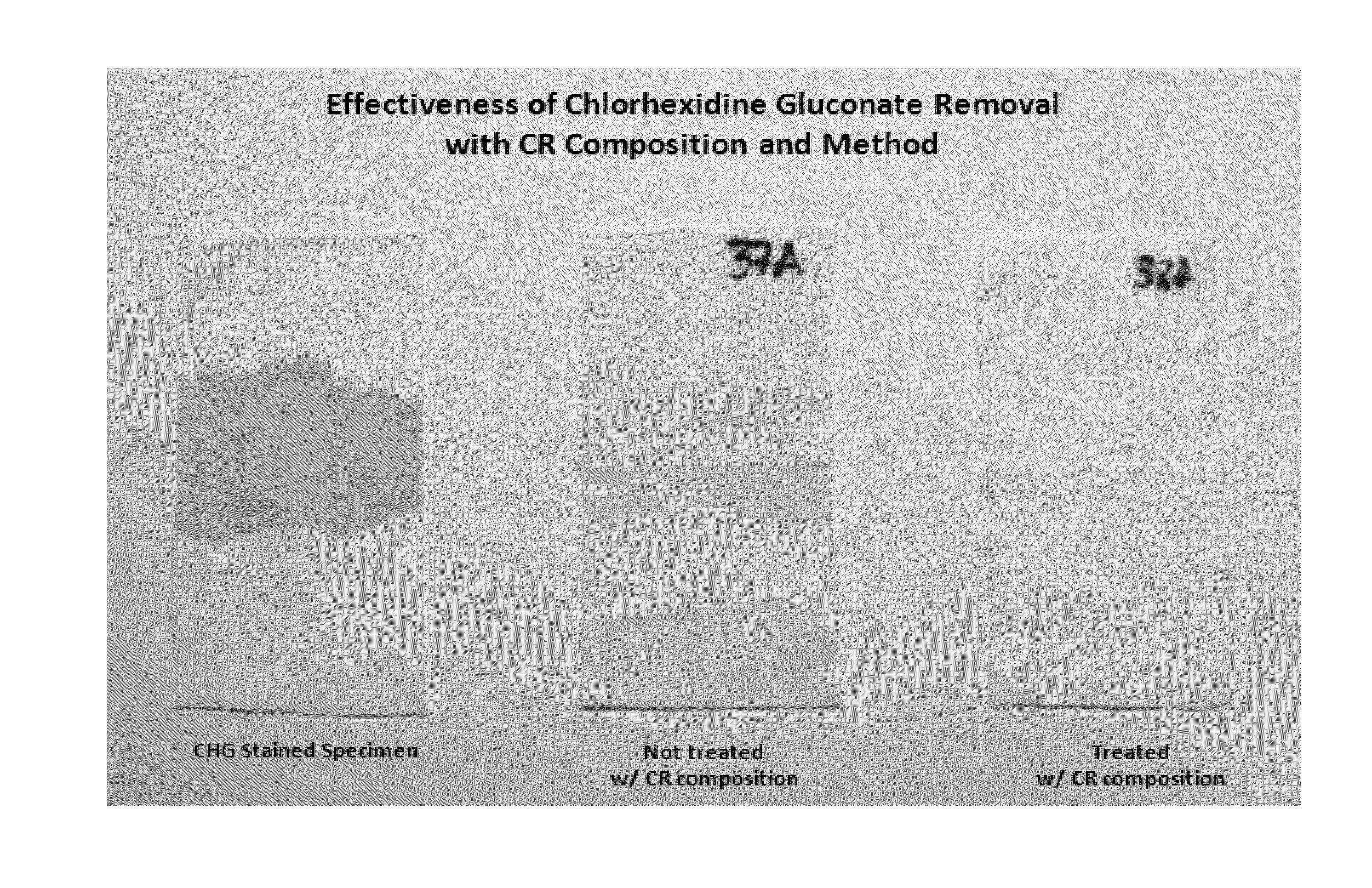 Composition and method for removing stains derived from chlorhexidine gluconate